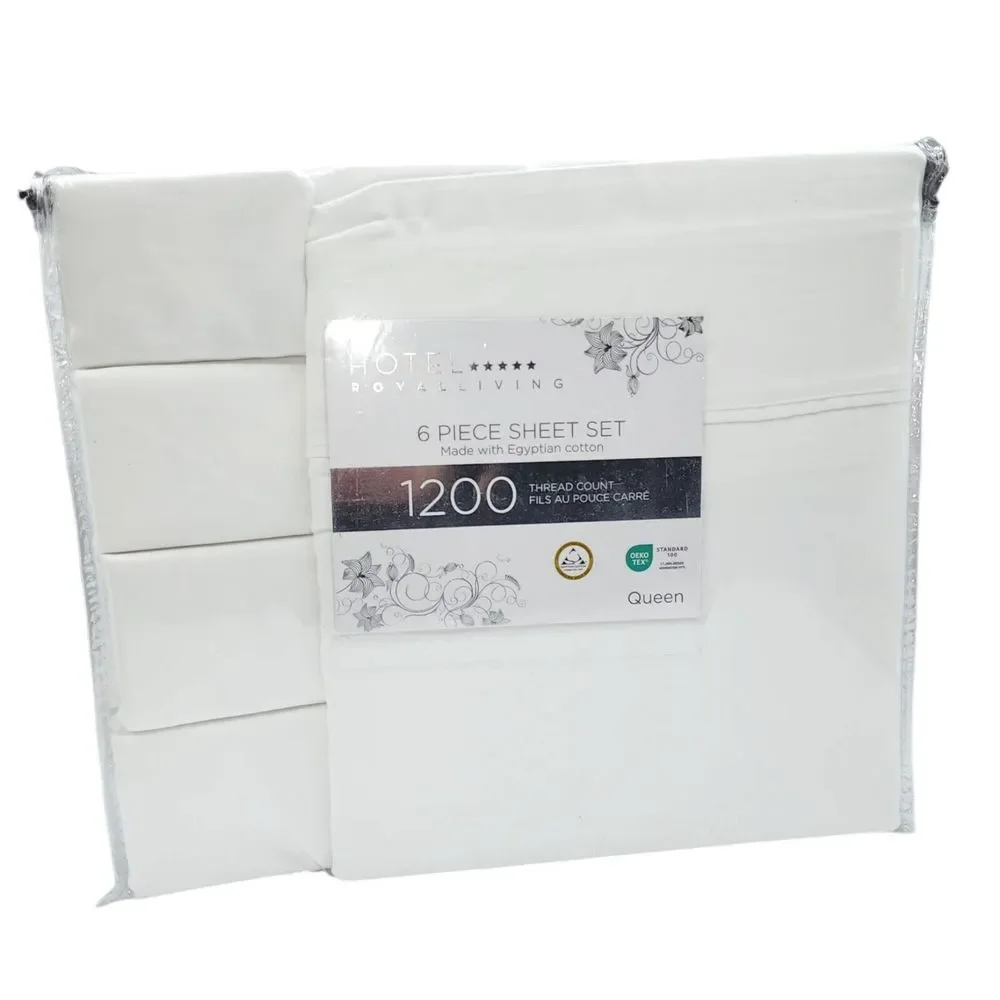 Hotel Royal Living White Queen Sheet Set 6pc 1200 Thread Count‎ Egyptian Cotton